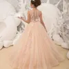 Vestido de menina de flor para casamento tule tule mangas e mangas Apliques de piso