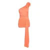 Casual Dresses June Lips 2024 Autumn/Winter Sexig Orange One Shoulder Off Back 3D Flower Dress Women's Celebrity Club kväll