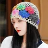 Beanie/Skull Caps Japanese Spring Summer Literary and Artistic Colorful Flower Hollow Bag Head Hat Women Sweet Fashion Hand-crocheted Beanie Cap d240429