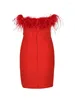 Lässige Kleider Frauen Promi Luxus sexy trägerlose Feder Red Midi Bodycon Kleider Abendbühne Performance Vestido
