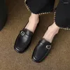 Casual Shoes Women Cowhide Buckle Loafers Slip On Med Heel Muller Ladies Retro Flats Simple French Style