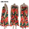 CMYAYA Kobiety Plus Size Autumn Spaghetti Ruffles Hem Loose Maxi Long Floral Leaf Druszcz