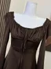 Casual Dresses American Vintage Brown A-Line Dress Slim Fuff Sleeve Square Collar Fashion Lace Up Frocks 2000s Aesthetic Classical Design