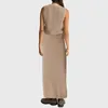 Work Dresses Fashion Women 2 Piece Crochet Knit Maxi Skirt Sets Button V Neck Crop Tank Vests Bodycon Slit Long Skirts Knitwear