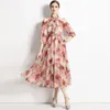 Casual Dresses Drop Summer Fall Fruits Print Bow Tie Neck Scarf 3/4 Sleeve Empire Midja Kvinnor Party Beach Midi Dress