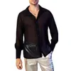 Camisas casuales para hombres de moda para hombre delgado camisa transpirable color sólido ver a través de la solapa abotonada manga larga sola cárdigan