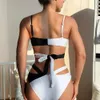 A moda de banho feminina Jingfan Novo Biquíni 2024 Cruz Black e Branco Sexy Swimsuit Solid Straight Straight