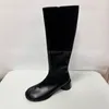 Boots ippeum genou en cuir haut divisé toe marron plus taille 44 gros talon noir chez les femmes