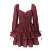 Lässige Kleider Frühling 2024 sexy Verband Puff Langarm Kleid Sommer Frauen Vintage Wein Rot Blumendruck Rüschen Mini Holiday Robe