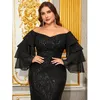Casual Dresses Women Sexy Off Shoulder Black Sequined Elegant Ladies Ruffle Party Evening Cocktail Prom Long Maxi Dress