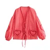 Frauenpolos Retro Womens Loose Heart Bag Shirt 2024 Mode Womens Casual V-Ausschnitt Bow Womens Wearl2405