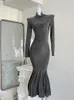 Lässige Kleider französische Eleganz Silber Meerjungfrau Kleid funkeln