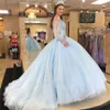 Kleider funkelnd Quinceanera Himmelblau mit langen Julia -Ärmeln Perlenkristalle Süße 16 Geburtstagsfeier Prinzessin Ballkleid Vestido 403