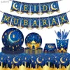 Одноразовая пластиковая посуда Blue Eid Al Fitr Mubarak Ramadan Мусульманские праздники одноразовые наборы столовых приборов чашки чашки для детского душа украшения wx