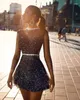 Casual jurken zomer glitter pailletten dames feest nachtclub mini jurk zwarte lange mouw sexy doorzichtige slanke holte uit 2024