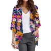 女性用ブラウス花柄のプリント3クォータースリーブルーズブラウスファッションカーディガンシャツトップサイズ4