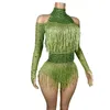 Sahne Giyim Kadınlar Yeşil Pırlanta Yükselticileri Partisi Gece Kulübü Parlayan Kristal Bodysuits Bayan Caz Dans Gösterisi Kostümler Bodycon Tulumlar Nvtuan