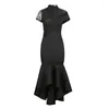 Casual Dresses Fashion Female Short Sleeve Long Dress Crew-neck Sexy For Women See Through Lace High-waisted Ruffle Party Vestidoes