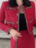 Work Dresses 2024 Winter Elegant Temperament Red Tweed Skirt Set Office Lady Hit Color Lapel Woolen Blazer Jacket Midi Pencil 2 Piece