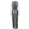 Casual Dresses 3D Body Print Sheer Mesh Long Dress Women Sexig Se genom ärmlös BodyCon Maxi Club Party Y2K Streetwear