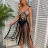 Vintage Chic Crochet Fringe V-Ausschnitt Cover-up Handhaken Quaste Langes Kleid Boho Hollow Out Sommer weibliche Strandbekleidung