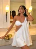 Casual jurken Witte Hollow Out Strapless vrouwen kleden mode off -schouder Backless mouwloze vestidos elegante slank strand satijnen korte jurk