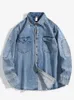 Denim Cotton Mens Shirt Long Sleeve Black Blue Drop Shoulder Button Pockets Cowboy Loose Casual Work Jeans Shirts 240428