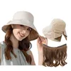 Caps Hats Bucket Hat with Hair Attached for Women Big Brim Sun Hat Detachable Long Wave Golden Hat Wig Spring/Summer WigL240429