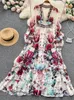 Masowe pasy startowe wspaniałe kwiaty szyfonowe kaskadowe marszki sukienki głębokie v szyja długie rękaw kwiatowy nadruk boho szatę vestido 240415