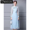 Casual Dresses Ilyboojun Fashion Runway Designer Women's Round Neck Bow Tie Långärmning Vintage Tulle Slim-Fit Stängd midja spetsklänning