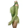 Sahne Giyim Kadınlar Yeşil Pırlanta Yükselticileri Partisi Gece Kulübü Parlayan Kristal Bodysuits Bayan Caz Dans Gösterisi Kostümler Bodycon Tulumlar Nvtuan