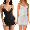 Lässige Kleider Frauen Satin Bodycon Mini Kleid sexy ärmellose V-Ausschnitt Lace Patchwork Spaghetti Gurt Schlinge mit Kreuzung Taille Korsett