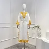 Casual Dresses Linen 2024 Spring Summer Top Quality Vintage White Yellow Lace Patchwork Embroidery Buttons Woman Midi Dress