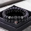 Beaded Strands 8mm Black Lava Stone Beads Bracelet Set Skull Men Bracelets For Women Jewellery Pulsera Hombre Armband Accessories1818917