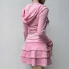 Женские брюки с двумя частями Houzhou Pink Velvet Womens Двух кусочков на молнии Y2K с длинным рукавом капюшона Kawaii кружевная рюша Осень и Winterl2404