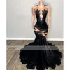 Appliques Sexy Mermaid Black Lace Girl prom jurk Veet kralen pure mesh afstuderen formeel feest avondjurken gewaad de bal