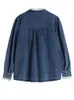 Women's Blouses Denim Shirt Loose Stand Collar Diagonal Buttons Patchwork Lace Long Sleev Blouse 2024 Autumn Fashion 29L1679
