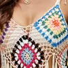 Vintage Chic Crochet Fringe V-Ausschnitt Cover-up Handhaken Quaste Langes Kleid Boho Hollow Out Sommer weibliche Strandbekleidung