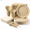 Engångsbehandling av plastiska bordsartiklar Morgiana Disponibla bordsartiklar Set Plastfritt bambuskiva och bordsartiklar Set Ecological Bamboo Cardboard Cups Forks Serviter WX WX