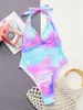 Dames badkleding één stuk zwempak kleur stropdas kleurstof print vrouwen 2024 plunging bather hoog been gesneden sexy baden zwempak zwemkleding