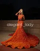 Orange Sparkly Mermaid Evneing Ceremony Party Dresses For Black Girl Luxury Diamond Velvet Slit Prom Gala Formell klänning Kväll