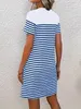 Basic Casual Dresses Leisure fashion classic striped short sleeved solid color matching T-shirt summer round neck dress womens blue Y240429