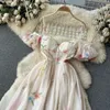 French Off Shoulder Strapless Camisole Dress Women Summer Gentle Style midja Cinched Floral Puff Sleeves Mesh Fairy Dress