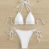 Women's Swimwear Bikini Set Sexy Pink Micro Thong Bead String Halter Women Mini Swimsuit Bathing Suit Lace-up Biquinis Triangle