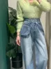 Jeans femminile primavera estate irregolare in alto patchwork modis long dritto pantalone donne sciolte di signore a pieghe di signore corea donna