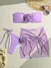 Frauen Badebekleidung 3D Blumen mit Mesh Sarong Bandeau Bikini weibliche Badeanzug Frauen Drei-Stoff-Set Badeanzug Schwimmstrand Kleidung