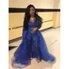 Prom -jurken Royal Blue Jumpsuit met over Skirts v nek lange mouw lovertjes avondjurken plus size African Pageant Pants Party slijtage BC1134