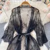 Casual Dresses Mesh Sheer Sensual Cardigan Nightwear Women V Neck Lace Print Night Dress Summer Long Sleeve Vestidos Mujer 2024