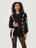 Kadın Örgü Bow Sweater Kadın Sevimli Kawaii Uzun Kol V Yez Dantel Yukarı Jumper Teen Girls Retro Renk Blok Şerit Örme Üst Sokak Giyin