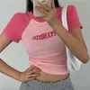 Retro American Style Girl Spicy Print Color Block Camiseta curta Mulheres Design de verão Poucas fits Slim Top 240420